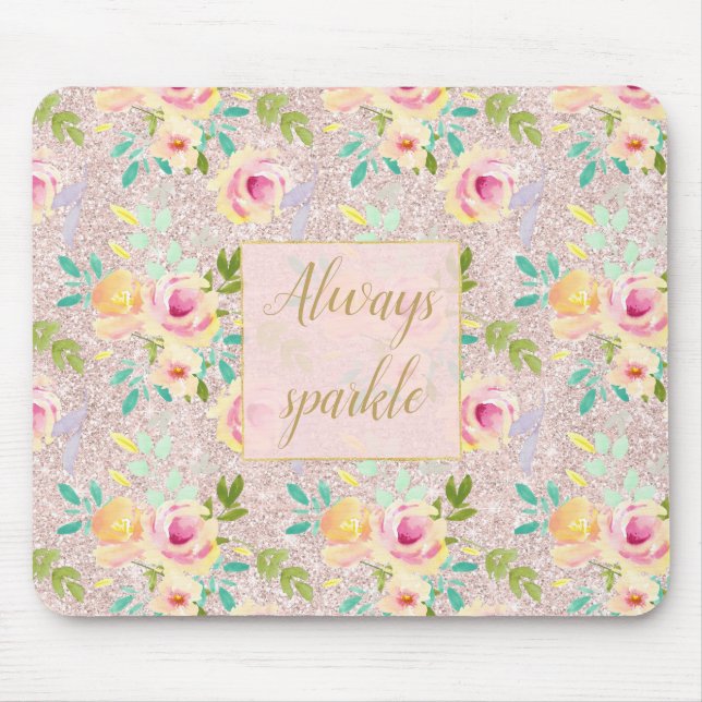 Alfombrilla De Ratón Purpurina Rosa Rubor Faux Sparkle Floral Watercolo (Frente)