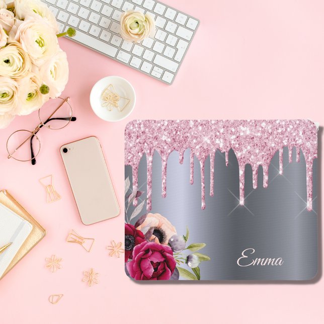 Alfombrilla De Ratón Purpurina rosado plateado gotea flores metálicas n (Subido por el creador)