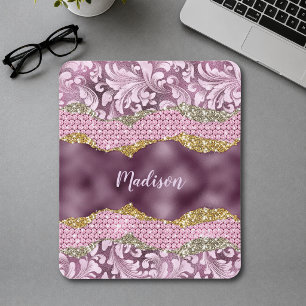 Alfombrilla De Ratón Purpurinoso floral de diseño Monograma de oro rosa