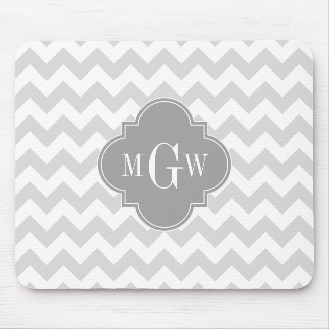 Alfombrilla De Ratón Quatrefoil De Gris Gris Lt Gris Chevron 3 Monogram (Frente)