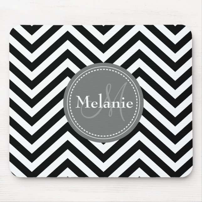 Alfombrilla De Ratón Quatrefoil Monogramado Black Gray Chevron (Frente)
