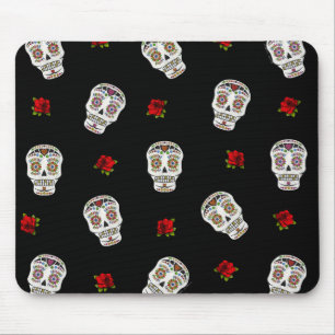 Alfombrilla De Ratón RAB Rockabilly Sugar Skulls Rosas en negro