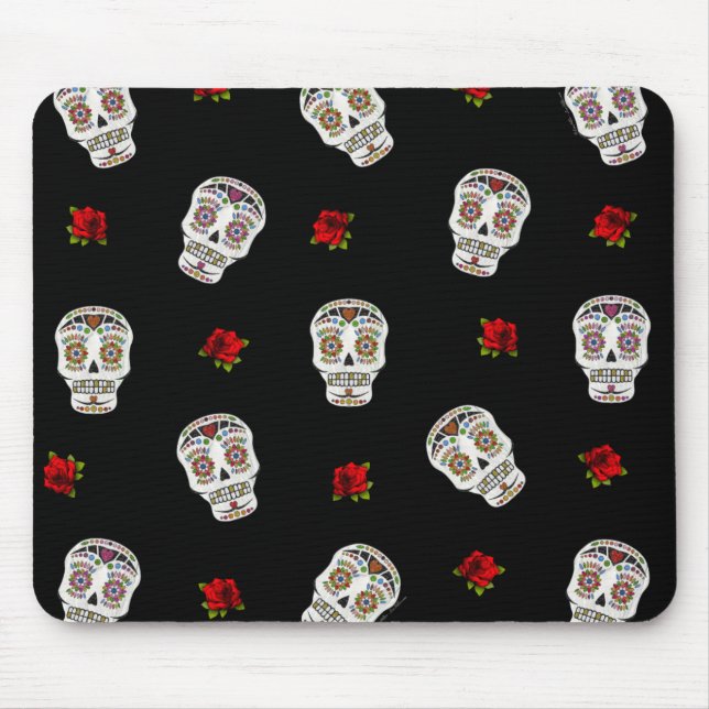 Alfombrilla De Ratón RAB Rockabilly Sugar Skulls Rosas en negro (Frente)