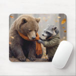 Alfombrilla De Ratón Raccoon and Bear In Autumn Forest<br><div class="desc">A raccoon lovingly ties a cozy knitted scarf around a brown bear’s neck in a vibrant autumn forest,  where the colorful leaves create a warm,  inviting atmosphere</div>