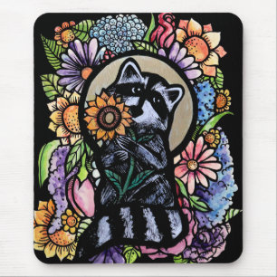Alfombrilla De Ratón Raccoon Art Flower Design con girasol