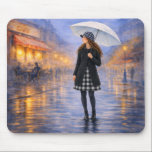 Alfombrilla De Ratón Rainy Paris Cafe Umbrella Mouse Pad<br><div class="desc">Bring elegant city charm to your workspace with this beautiful mouse pad featuring a woman walking through a softly glowing rainy street beneath a white umbrella. The dreamy watercolor scene blends misty blue tones, warm café lights, and a fashionable vintage-inspired look for a calm and sophisticated atmosphere. Reflections on the...</div>