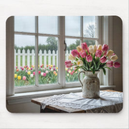 Alfombrilla De Ratón Ramo de tulipanes de primavera junto a la ventana