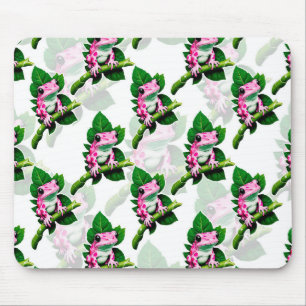 Alfombrilla De Ratón Rana Rosa En Diseño De Patrón De Hojas Verdes