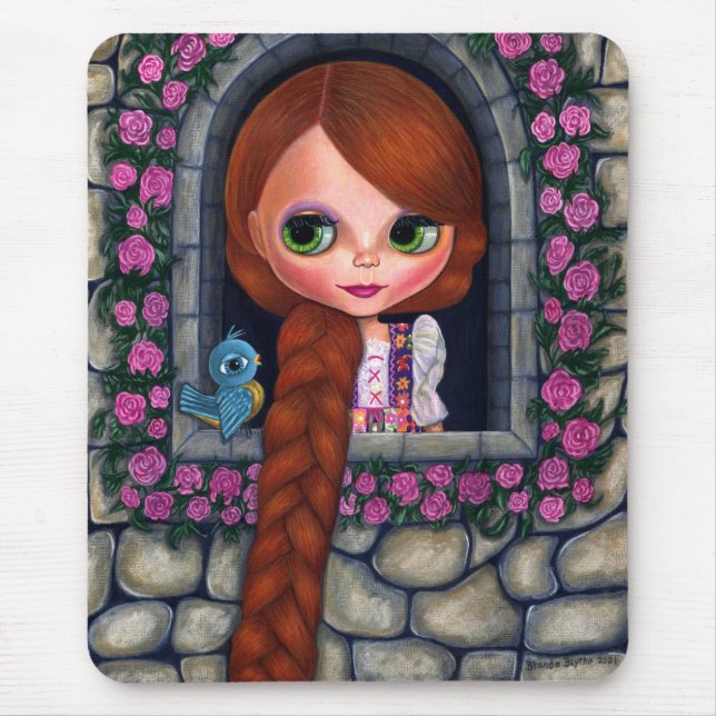Alfombrilla De Ratón Rapunzel Big Eyes Chica Doll Cute Redhead Bluebird (Frente)