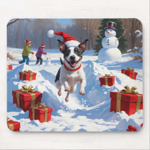 Alfombrilla De Ratón Rat Terrier corriendo en la nieve con sombrero de