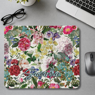 Alfombrilla De Ratón Ratón con monograma de patrón floral rosa vintage