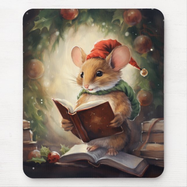 Alfombrilla De Ratón Ratón de Navidad leyendo (Frente)