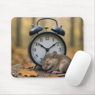 Alfombrilla De Ratón Ratón durmiendo junto a un reloj de alarma