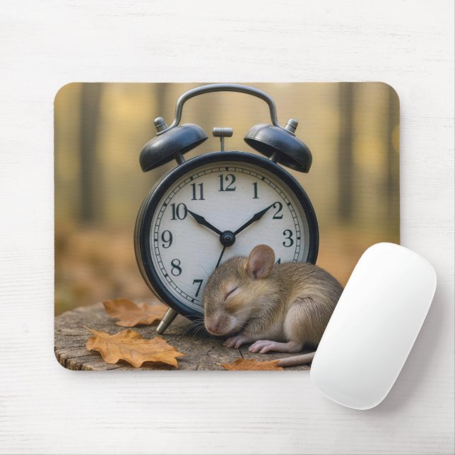 Alfombrilla De Ratón Ratón durmiendo junto a un reloj de alarma (Con ratón)
