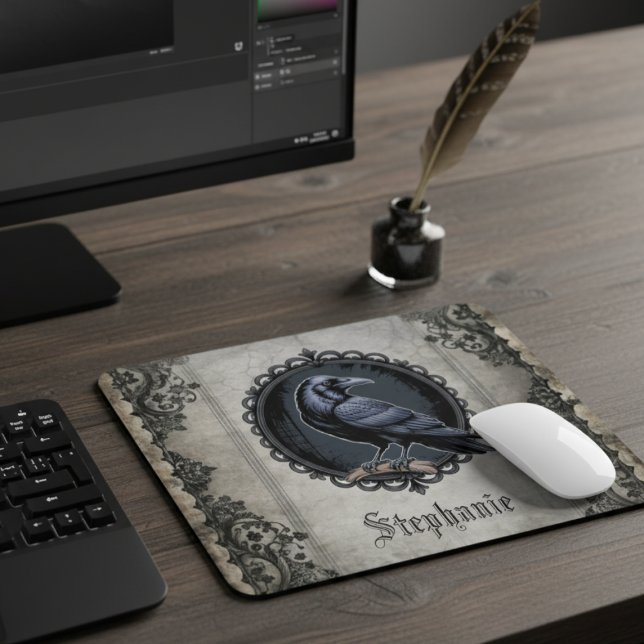 Alfombrilla De Ratón Raven gótico con nombre (Gothic raven personalized mouse pad)