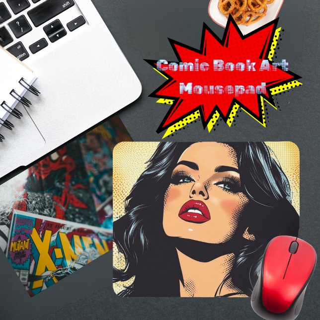 Alfombrilla De Ratón Raven-Haired Retro Comic Book Art (Comic book/comic strip Ben-Day dots, ultra-colorful vintage-look mouse pad of a beautiful woman)