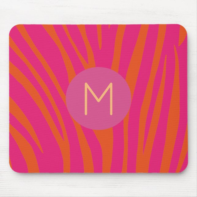 Alfombrilla De Ratón Rayas de cebra rosa y Naranja Monograma moderno (Frente)