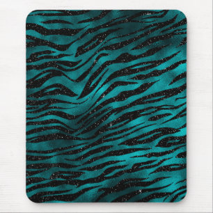 Alfombrilla De Ratón Rayas de tigre de brillo glam negro y azul verdoso