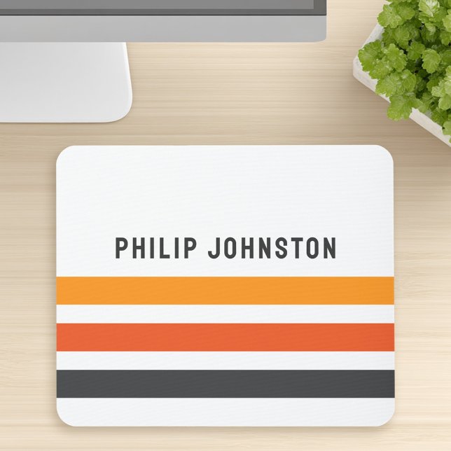 Alfombrilla De Ratón Rayas retro grises y naranjas nombre personalizado (Gray and orange retro stripes custom name white mouse pad)