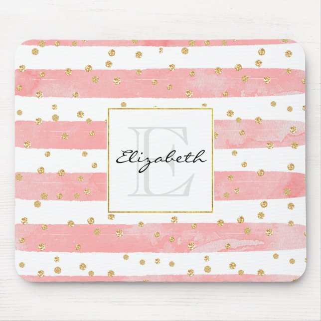 Alfombrilla De Ratón Rayas Rubor rosadas | Monograma Faux Gold Confetti (Frente)