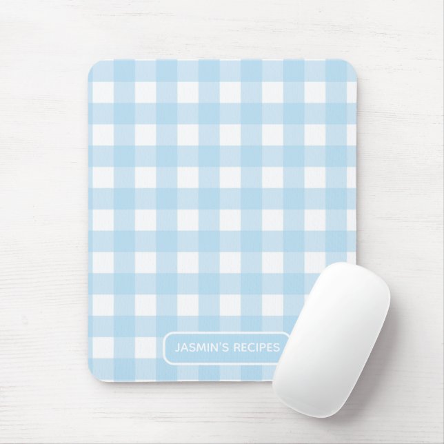 Alfombrilla De Ratón Recetas | Patrón de Gingham Azul Claro y Blanco (Con ratón)