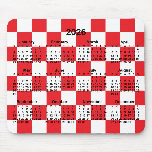 Alfombrilla De Ratón Red and White Checkerboard 2026 Calendar (Frente)