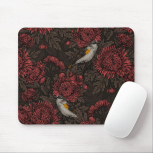 Alfombrilla De Ratón Redstart en crisantemos en marrón y rojo