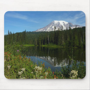 Alfombrilla De Ratón Reflejo del lago del Monte Rainier con flores silv