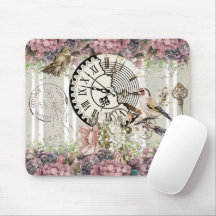 Reloj vintage decorativo floral y pájaros rosa