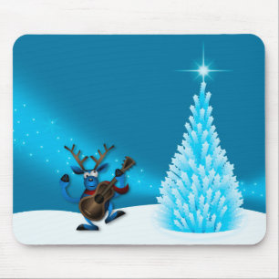 Alfombrilla De Ratón Reno Bailando Guitarra Feliz Navidad Árbol Azul