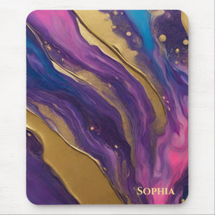 Alfombrilla De Ratón Resumen Flujo de arte - Azul morado rosado y dorad