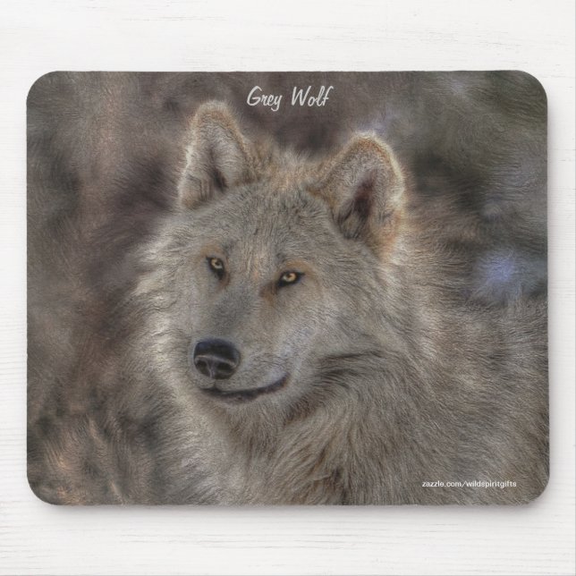 Alfombrilla De Ratón Retrato de arte del Lobo Gris Gris plateado (Frente)