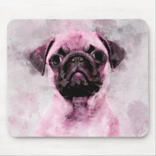 Alfombrilla De Ratón Retrato de color de agua de perro de pug rosa 02