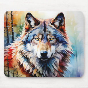 Alfombrilla De Ratón Retrato de lobo salvaje y vibrante en acuarela