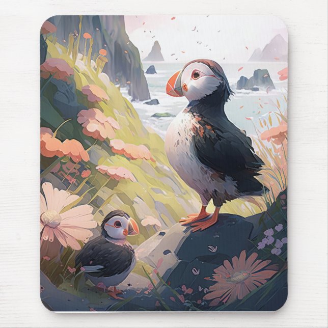Alfombrilla De Ratón Retrato de pájaro de Puffin pintura animal vida si (Frente)