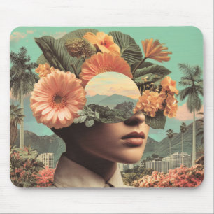 Alfombrilla De Ratón Retrato Femenino Surrealista con Elementos Florale