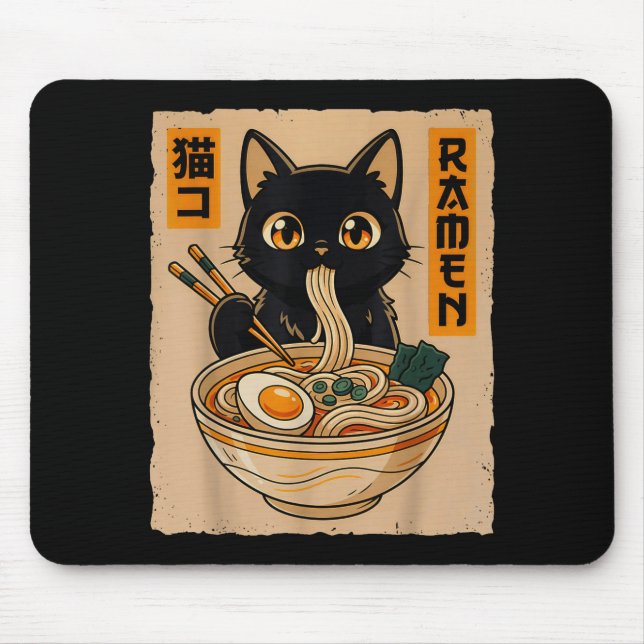 Alfombrilla De Ratón Retro Anime Kawaii Black Cat Eating Ramen Noodles  (Frente)