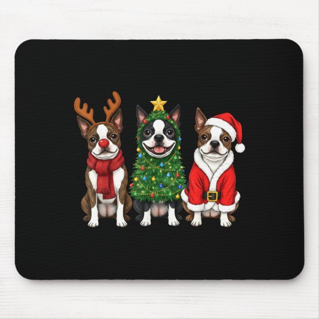 Alfombrilla De Ratón Retro Christmas Boston Terrier Santa Reindeer Dog  (Frente)
