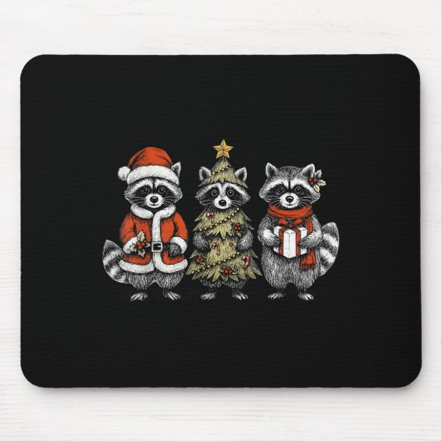 Alfombrilla De Ratón Retro Christmas Raccoons Santa Tree Costume Holida (Frente)