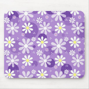 Alfombrilla De Ratón Retro Daisies Purple Gingham Circles