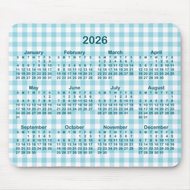 Alfombrilla De Ratón Robin Egg Blue Gingham Plaid 2026 Calendar (Frente)