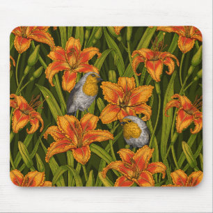 Alfombrilla De Ratón Robins y flores de lirio, naranja y verde oscuro