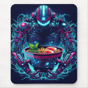 Alfombrilla De Ratón Robot Cyberpunk Futurista Comida Ramen Neon