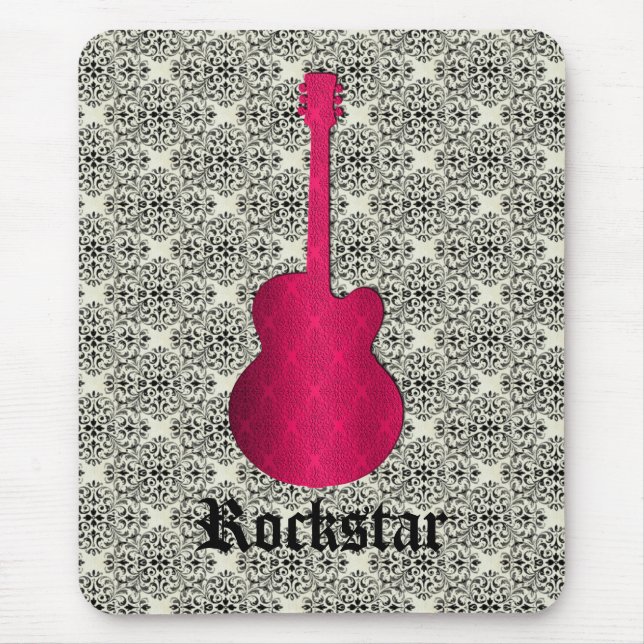 Alfombrilla De Ratón Rockstar Damask Guitar Mousepad, Magenta (Frente)