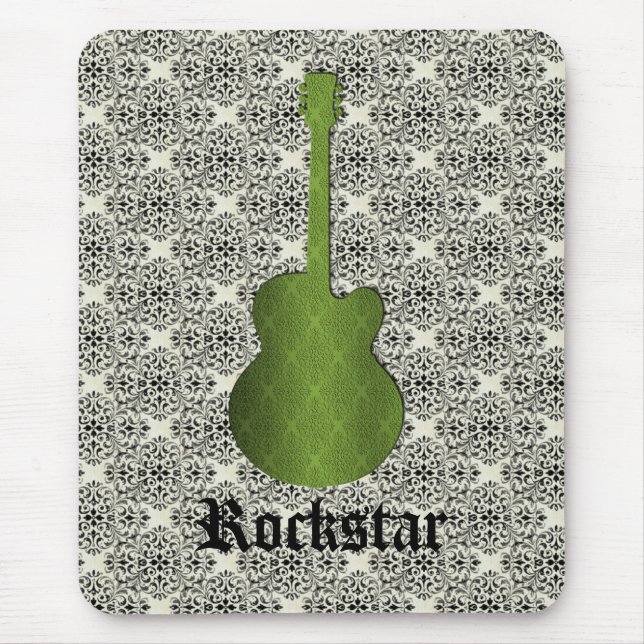 Alfombrilla De Ratón Rockstar Damask Guitar Mousepad, Olive Green (Frente)