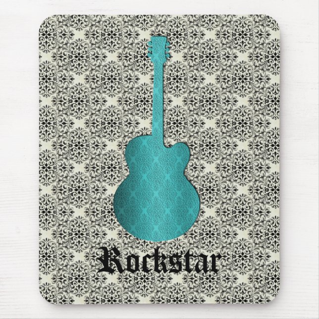 Alfombrilla De Ratón Rockstar Damask Guitar Mousepad, Turquesa (Frente)