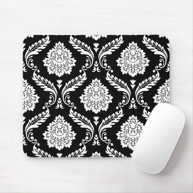 Alfombrilla De Ratón Rococo Damask Gran Patrón Blanco sobre Negro (Con ratón)