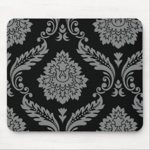 Alfombrilla De Ratón Rococó Damask Patrón Desplazado Gris sobre Negro