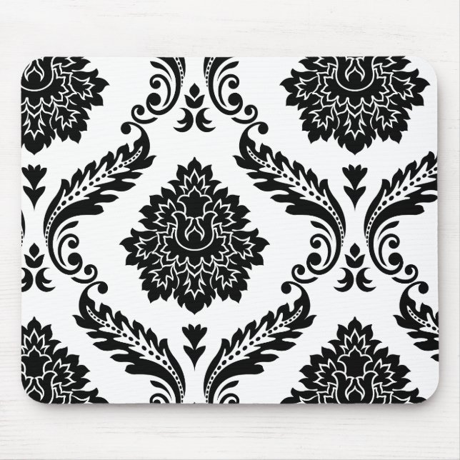 Alfombrilla De Ratón Rococo Damask Patrón Desplazado Negro sobre Blanco (Frente)