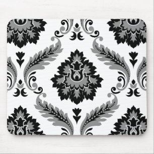 Alfombrilla De Ratón Rococo Damask Patrón Grande Gris Negro Blanco